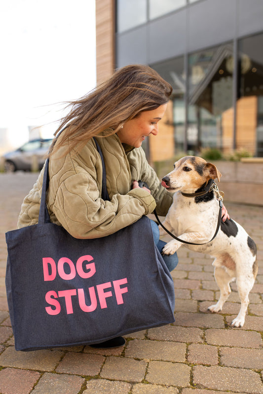 PERSONALISED DENIM BLUE TOTE WITH NEON PINK PRINT