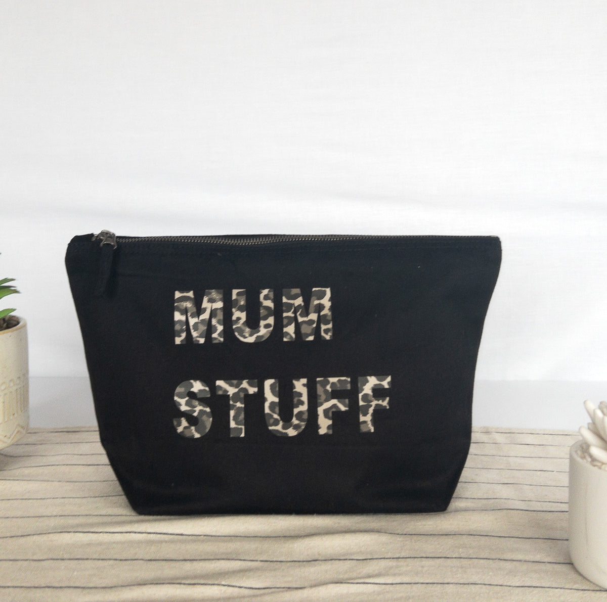 Black recycled canvas pouch with metallic leopard print personalisation