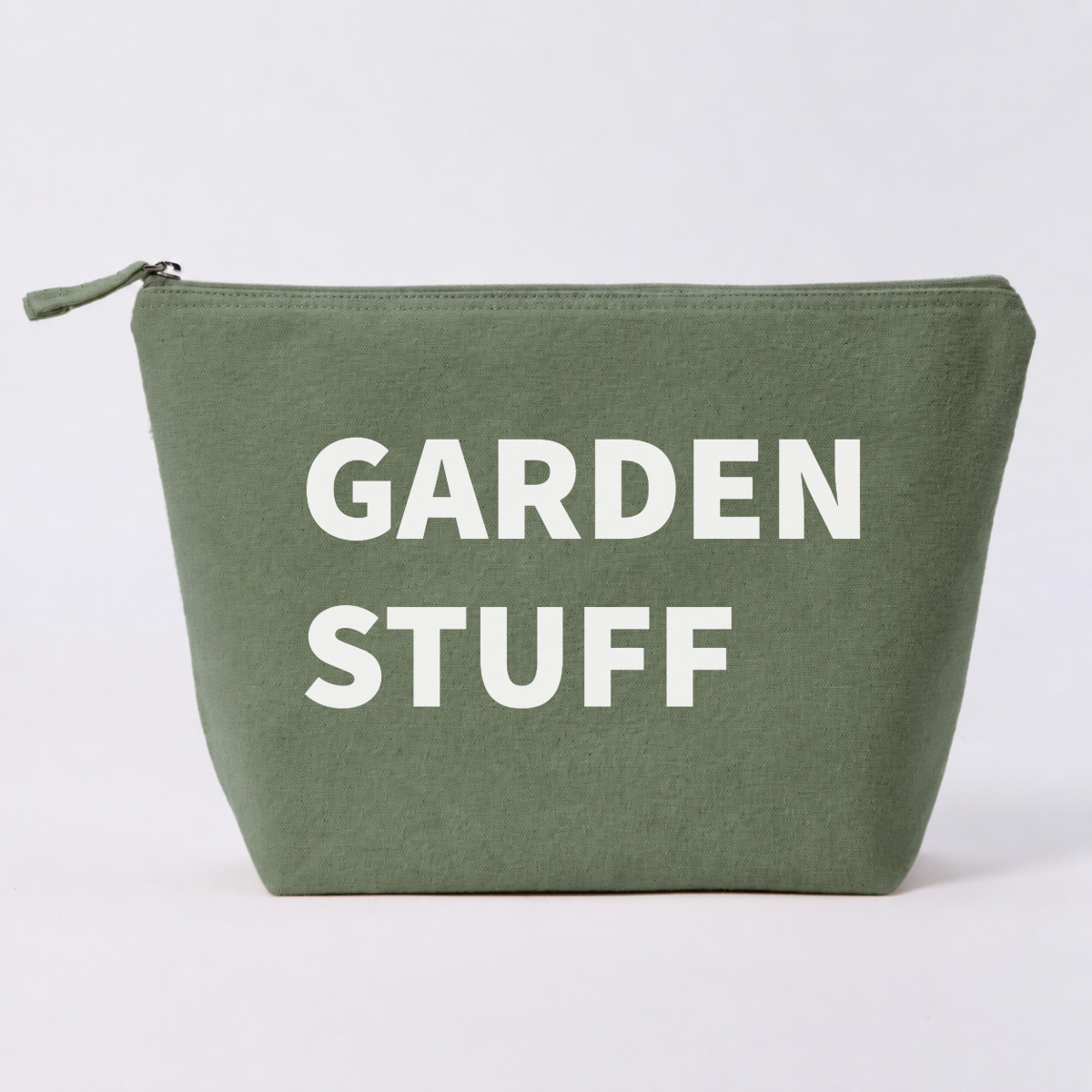 Green recycled canvas pouch personalised with STUFF wording, flat view