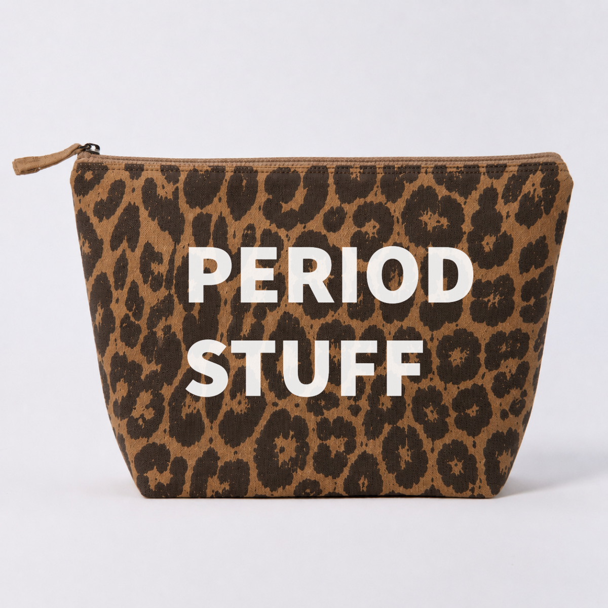 Personalised leopard print canvas pouch shown flat with custom STUFF text print