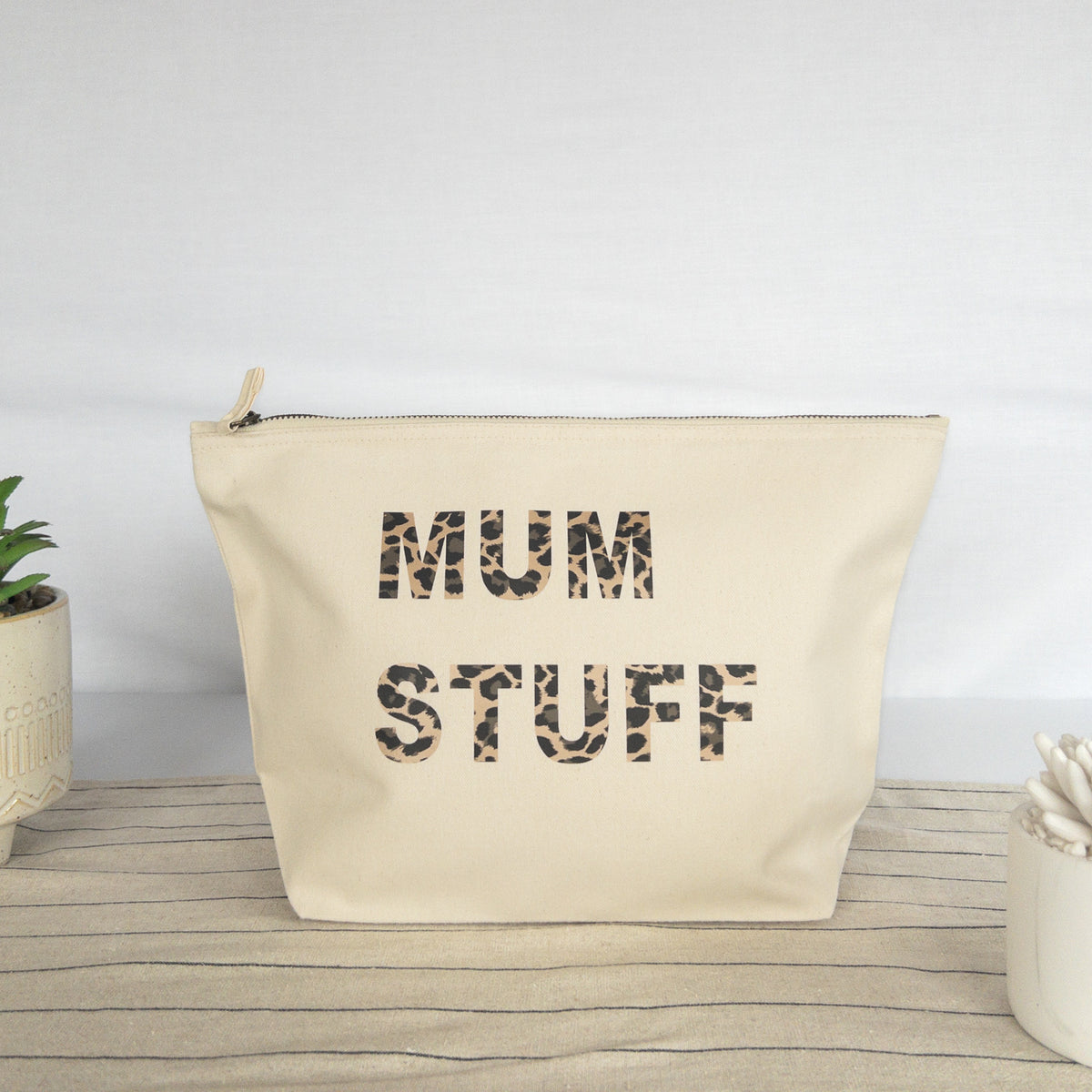 Natural canvas pouch with metallic leopard print personalisation