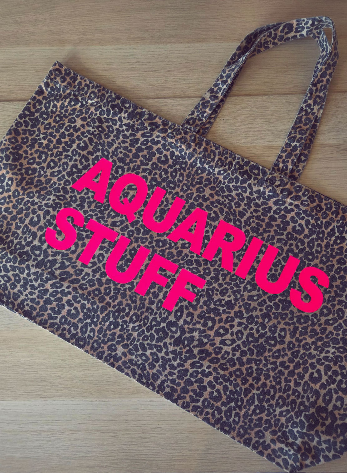 Leopard print extra large tote bag personalised with STUFF wording, front view