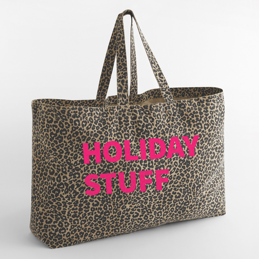 Personalised leopard print extra large tote bag with neon pink print