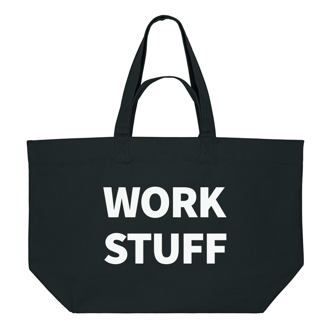 Premium black recycled cotton tote bag with white print