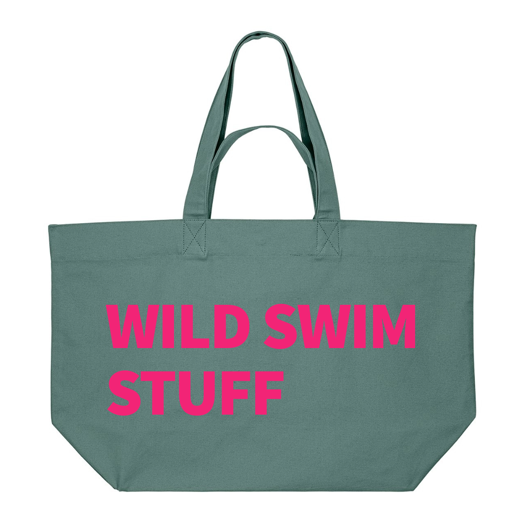 Premium fern green recycled cotton tote bag with neon pink print