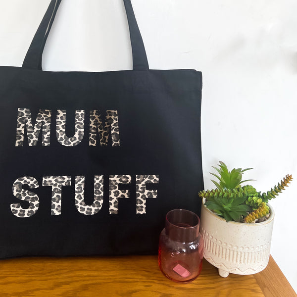 PERSONALISED BLACK TOTE WITH LEOPARD PRINT